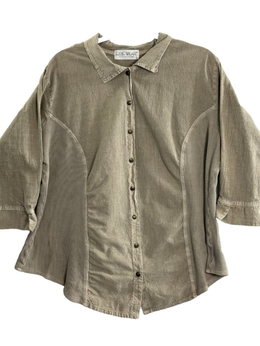 EZZE WEAR Women Snap Front 3/4 Sleeve Collard Shirt Sz L Green Casual 2A-2